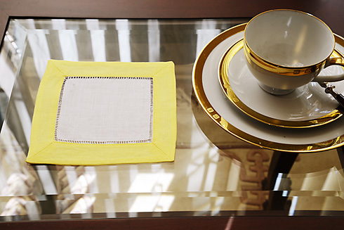 White Hemstitch Cocktail Napkin 6" with Lemon Verbana